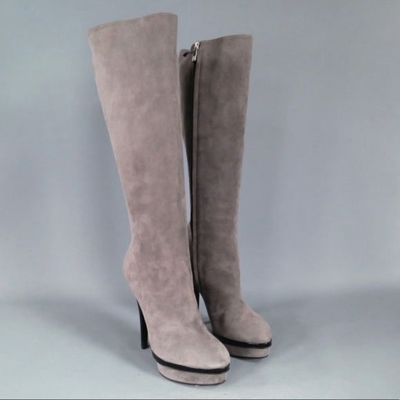 Yves Saint Laurent Shoes - Yves Saint Laurent Platform Grey Suede Knee Boots